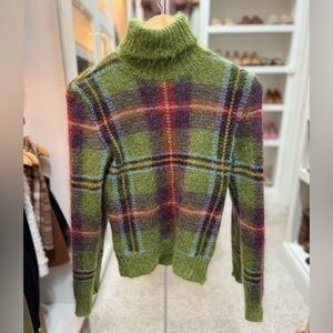Ralph Lauren Vtg EXTREMELY RARE Fuzzy Grn Plaid Turtleneck Sweater Mohair Wool S